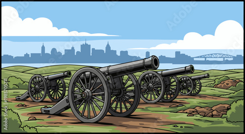 A line of cannons overlooks a city skyline across a river