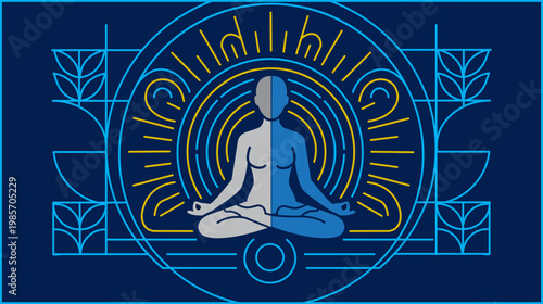 Meditation yoga person flat geometric illustration with spiritual aura and leaves