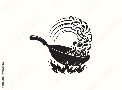 Simple black symbol of a wok with flame sparks for inventory management systems in specialty kitchenware retail shops and asian grocery stores