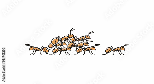 A line of orange ants on a white background