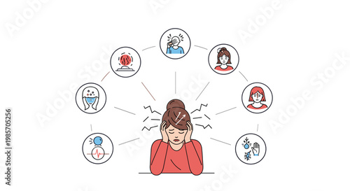 Young woman suffering from a severe migraine headache surrounded by icons representing various pain symptoms and health issues.