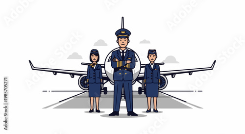 A pilot and two flight attendants stand in front of an airplane
