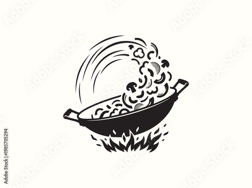 Minimal black icon illustrating heat distribution and tossing motion in a wok for food science educational materials and product testing demonstrations