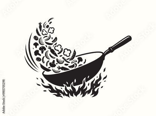 Solid black silhouette showing the action of tossing vegetables in a wok for visual aid in culinary arts training and healthy recipe development