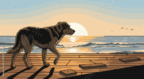 A lone dog walks on a wooden pier by the ocean at sunset