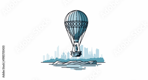 A lone figure in a hot air balloon floats above a city and ice floes