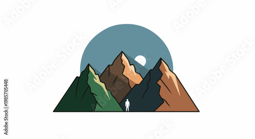 A lone figure stands before a series of colorful, stylized mountain peaks under a moonlit sky