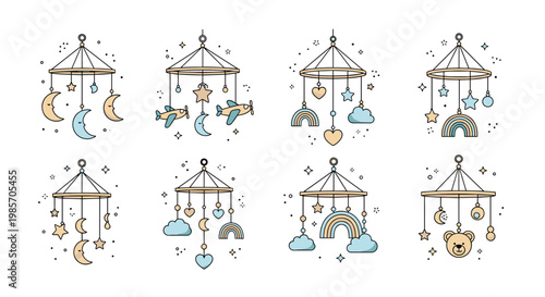 Collection of adorable baby nursery mobile designs featuring clouds stars rainbows moons and other sweet hanging toys for infants.