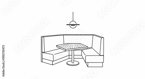 A minimalist line drawing of a booth seating area with a table and overhead light