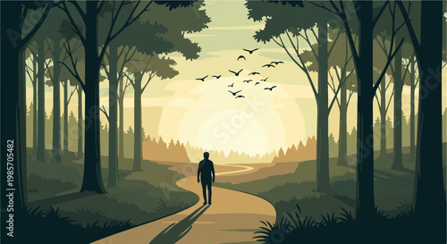 A lone figure walks down a winding path through a forest at sunset