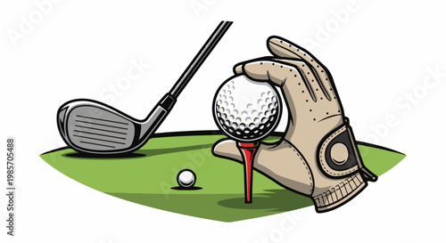 A gloved hand places a golf ball on a tee near a club