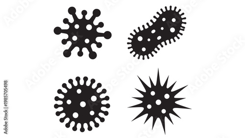 Virus cell icon set with black spiky germs and white dot particles for medical and biohazard illustrations