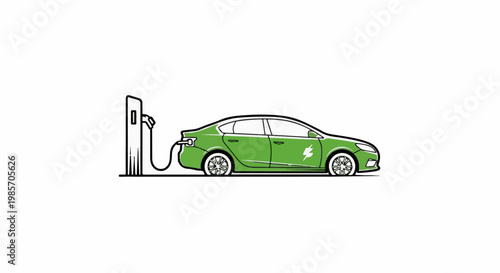 A green electric car is charging at a station