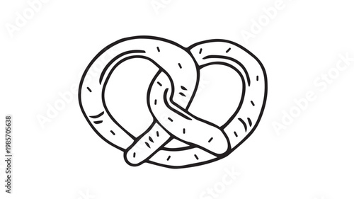 Cookie snack icon with two crossed soft pretzels and dotted seasoning lines, black line art on white background