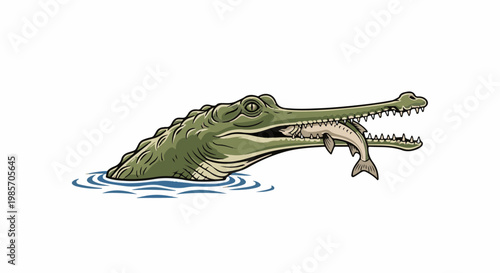 A green crocodile with its mouth open, holding a fish in its jaws, emerging from blue water