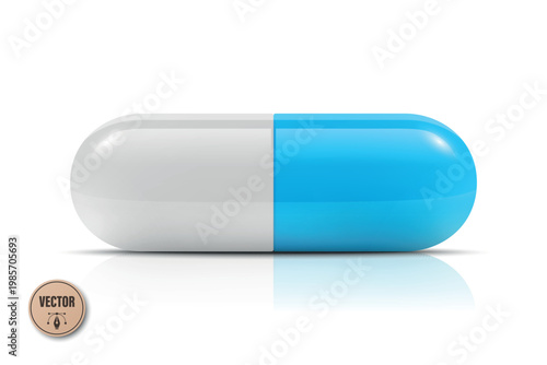 Vector 3d Blue and White Capsule Pill Isolated. Realistic 3d Medicine Illustration for Pharmacy and Healthcare. Prescription Drug Supplement Concept. Medical Medication Icon