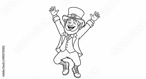 A joyful leprechaun in a hat and suit jumps with arms raised high