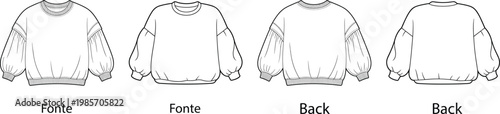 Oversized sweatshirt technical sketch set, front and back views, puff sleeve detail, casual apparel outline – vector illustration
