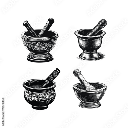 Vintage hand-drawn engraving set of mortar and pestle illustrations for grinding herbs and spices.