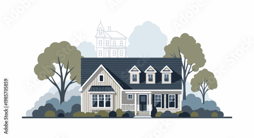 A modern home with large windows, surrounded by trees and shrubs