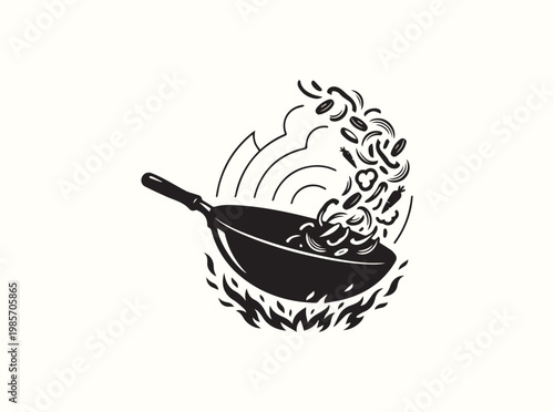 Isolated black symbol of a wok with stylized flame sparks underneath to signify rapid meal preparation and healthy cooking methods in food service guides