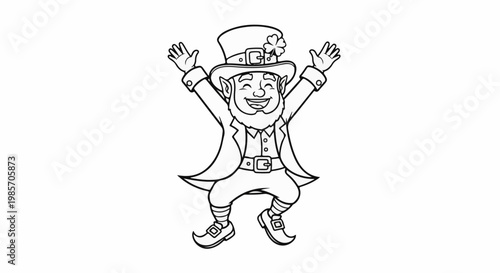 A joyful leprechaun with a hat, coat, belt, and buckle, dressed for St. Patrick's Day