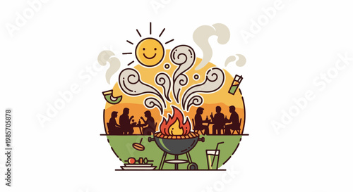 A joyful outdoor barbecue with a smiling sun and people dining