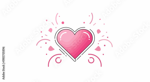 A pink, gradient heart shape with a black outline, surrounded by abstract pink shapes and dots