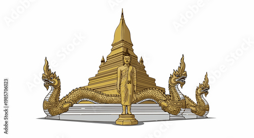 A golden pagoda and Naga serpent statues stand guard