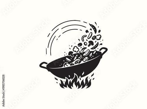 Minimal black icon of a wok with semi circular upward motion lines for dynamic culinary process illustration in chef education materials and restaurant menus