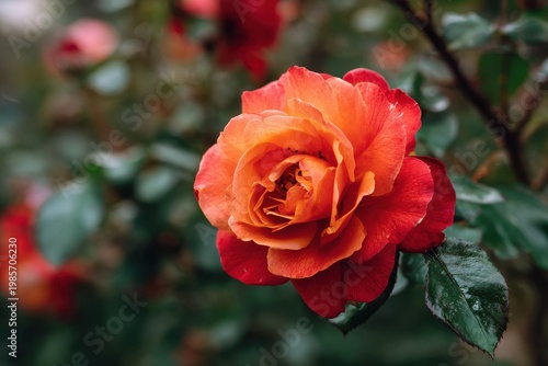 Vibrant Orange and Red Rose with Dew Drops Amidst Lush Green Foliage Soft Focus Background Natural Lighting Outdoor Garden Setting Subtle Texture Detail