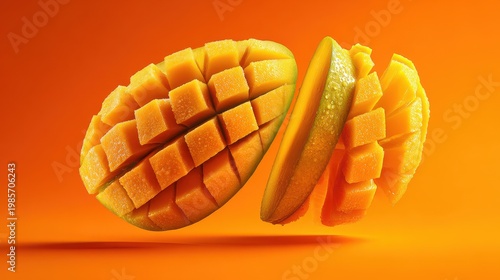 Vibrant Orange Mango Sliced and Diced Showcasing Juicy Tropical Fruit Texture Against a Gradient Orange Background with Studio Lighting