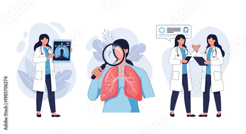 Healthcare professionals analyzing lung health using chest x rays and diagnostic tools to provide medical care for patients.