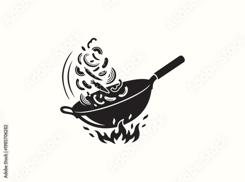 Solid black silhouette of a large wok tossing curved vegetable slices for high heat stir fry cooking technique demonstration in professional asian cuisine training