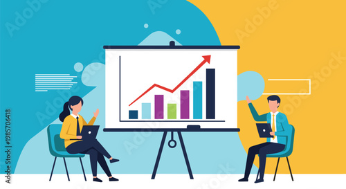 Professional business team analyzing growth statistics during a presentation with a large chart showing positive trends.