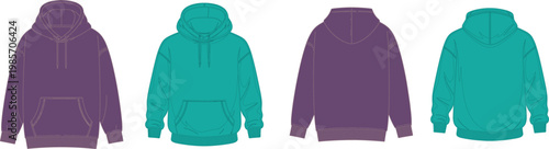 Pullover hoodie apparel vector collection, casual hooded sweatshirt with kangaroo pocket and ribbed trims, front back views – vector illustration