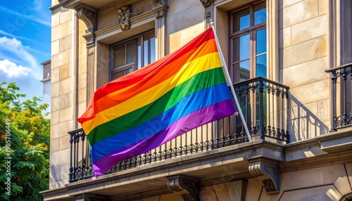 Colorful Rainbow Pride Flag Waves From Ornate Balcony on Sunny Day
