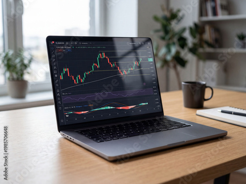 Laptop displaying trading chart on modern home office desk setup
