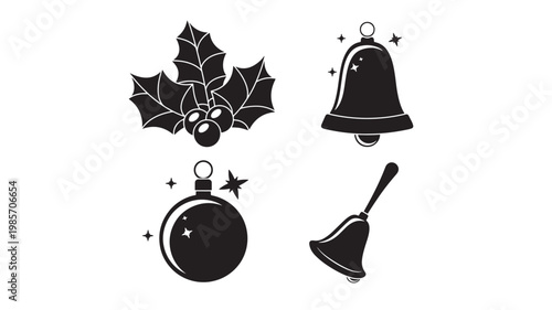 Bell, holly leaves, and jingle bowl icons set with sparkling stars for festive holiday design featuring ornament, christmas, vector style with