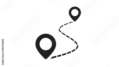 Map location pins connected by a dashed route line icon for navigation and directions planning featuring travel, itinerary, guidance with wayfinding