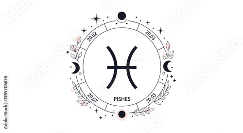 Detailed zodiac illustration for the pisces sign featuring celestial symbols floral elements and moon phases in a circular design.