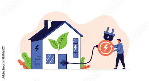 Sustainability concept showing a person connecting a green energy efficient house with leaf symbols into a renewable power source.