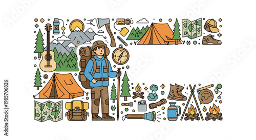 Adventurous hiker man surrounded by a variety of essential camping equipment and outdoor survival gear items.