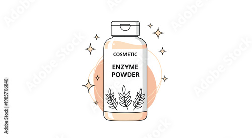 Cosmetic enzyme powder bottle illustration with decorative plant leaves and star shapes on a clean white background.