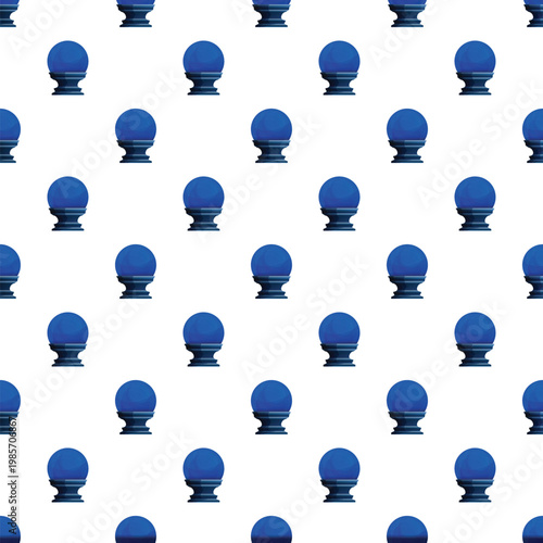 Blue crystal balls with stands forming a seamless pattern on white background