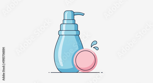 A simple blue dispenser bottle with a pink round object and water droplets