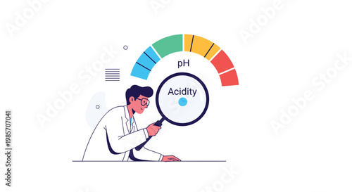 Scientist wearing lab coat and glasses examining a pH acidity scale with a magnifying glass for chemical analysis.