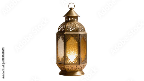 Quadro em tela Ornate brass Moroccan lantern with intricate cutouts illuminated from within, is