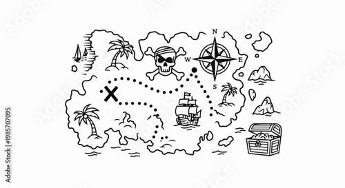 A hand-drawn pirate map with an X marking the spot, skull, ship, and treasure