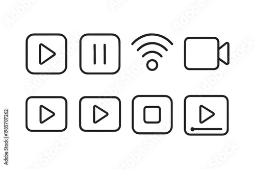Collection of minimalist black line icons for video and streaming controls